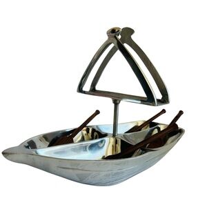Godinger Rowboat Serving Bowl Napkin Holder & Mini Wooden Oar Serving Spoons